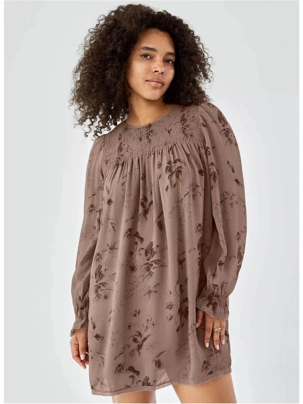Wilfred Women's Floral Smocked Eden Mini Dress Long Sleeve Slate Gray Size XS